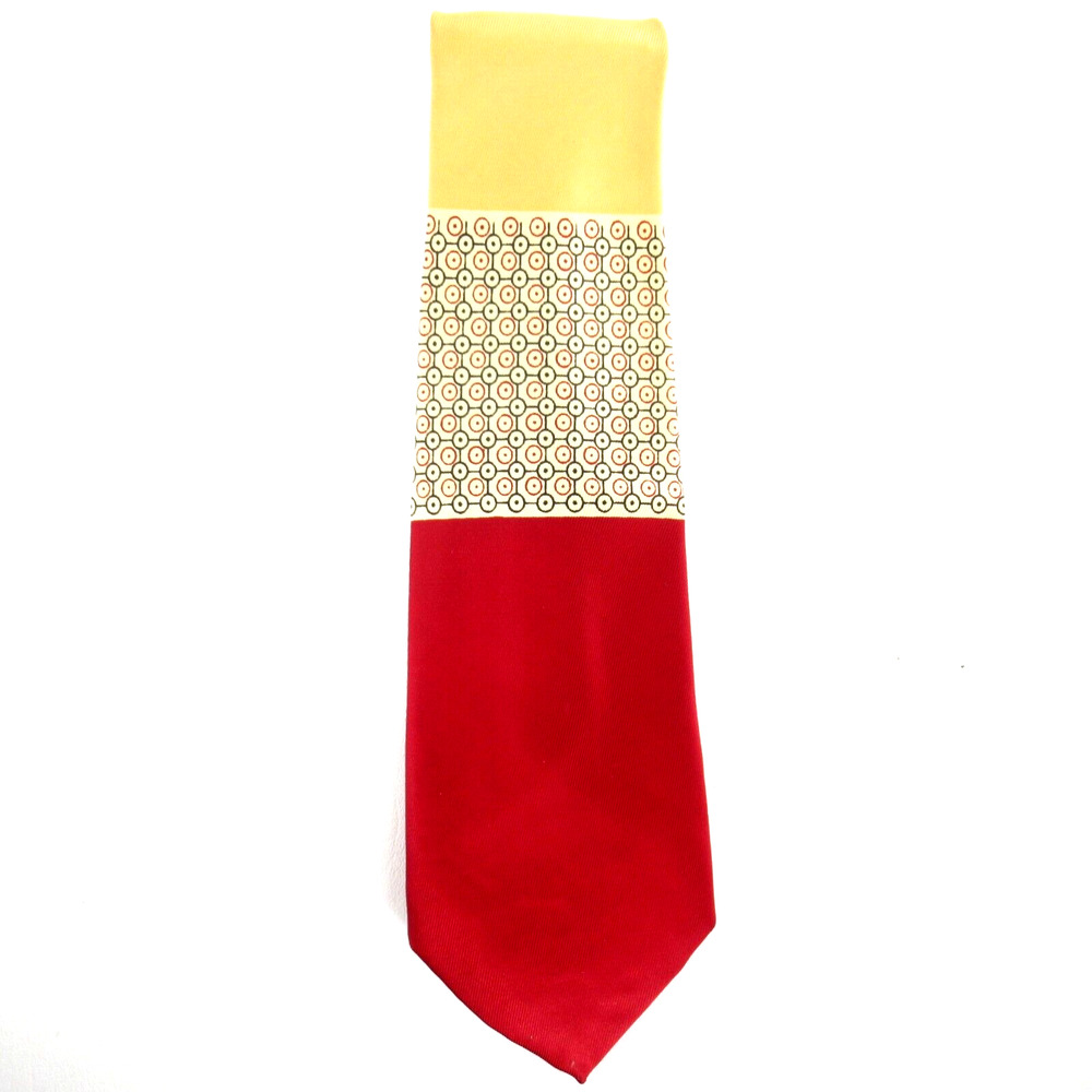 National Shirt Shops Tie Mens 50 in Silk Red Cream Yellow Geo Colorblock Lined